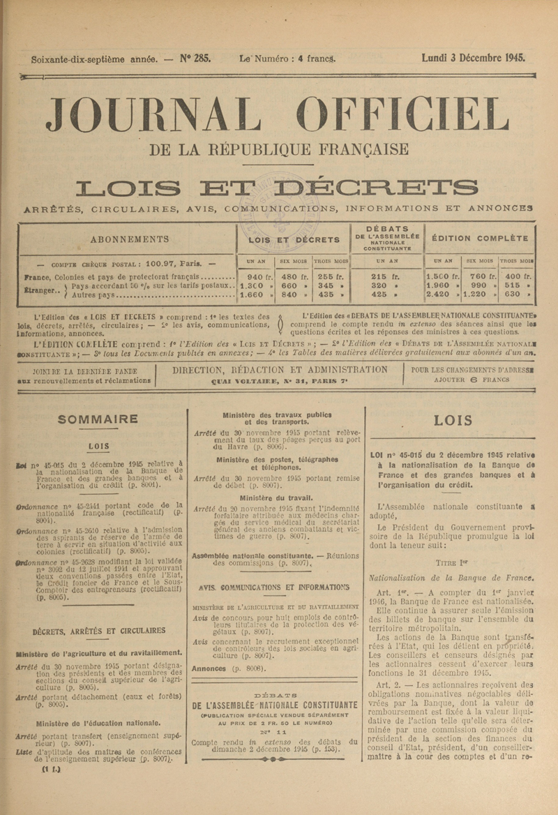 Journal Officiel de la république du 3 décembre 1945