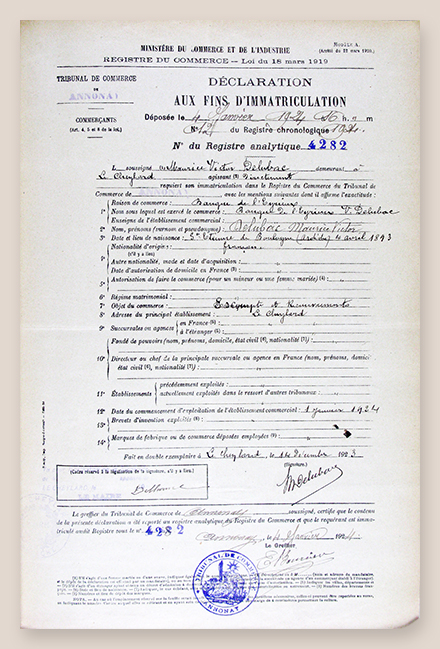 Déclaration d'immatriculation au RCS de la Banque Delubac en 1924